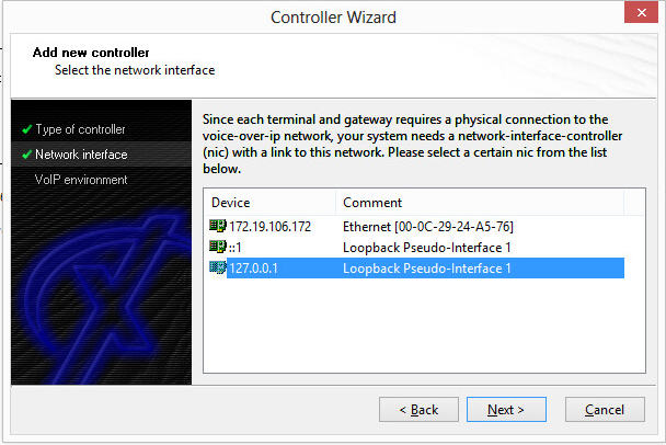 Controller Wizard: Add a new controller - Select the network interface