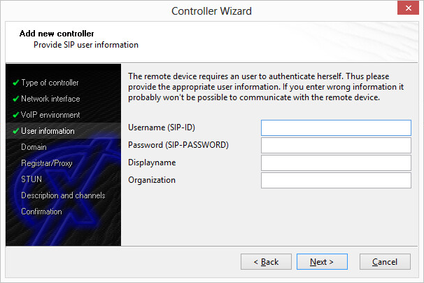 Controller Wizard: Add a new controller - Provide the SIP user information